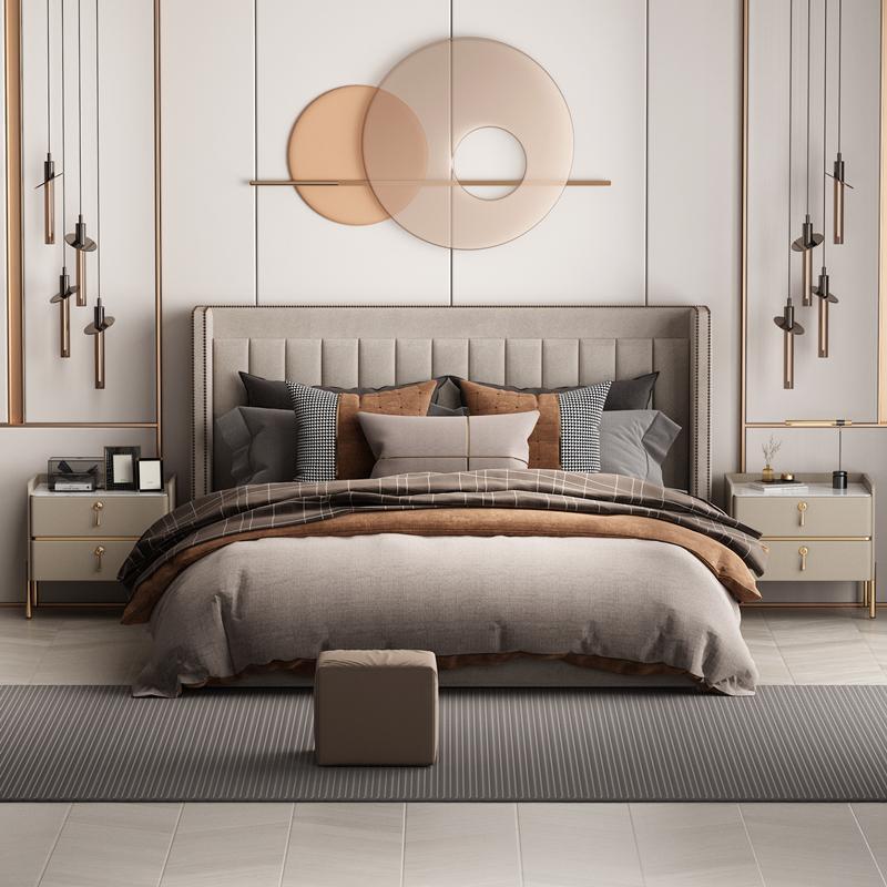 Table de chevet moderne en cuir avec 2 tiroirs rectangulaire en bois massif pour chambre 