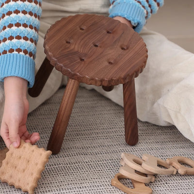 Contemporary Creative Round Cookie-Shaped Black Walnut Solid Wood Kids Low Stool For Living Room