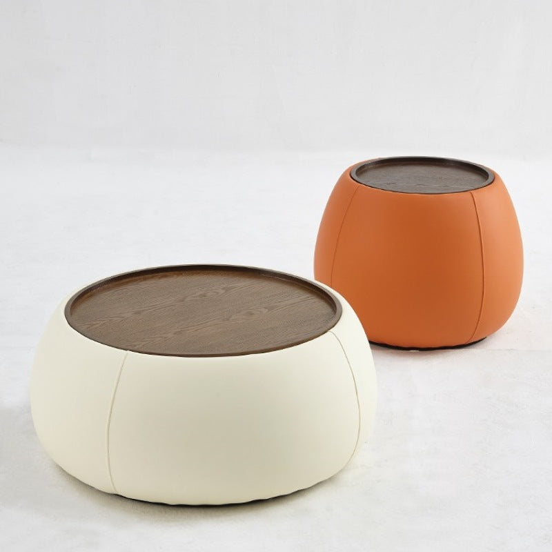 Contemporary Nordic Round Cylinder Walnut Wood Microfiber Leather Coffee Table 1-Storage For Living Room
