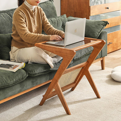 Contemporary Scandinavian Square Rubberwood Solid Wood Glass Side Table For Living Room