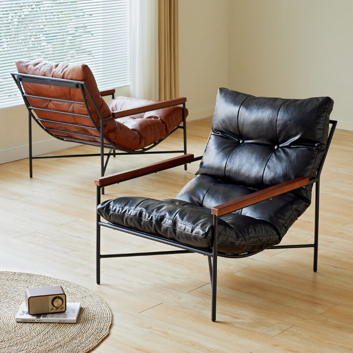 Moderner Mid-Century Rechteckiger PU-Leder-Karbonstahl-Gummibaum-Massivholz-PP-Baumwolle-Rücklehne für Wohnzimmer 