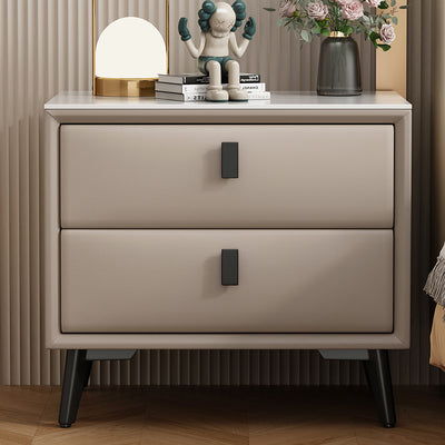 Modern Minimalist Rectangular Stone Slab Cat's Paw Leather Solid Wood Carbon Steel Nightstand 2 -Drawer For Bedroom