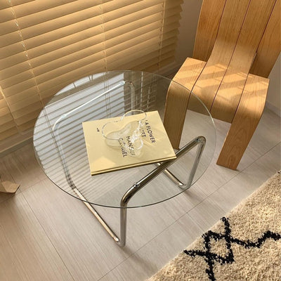 Modern Minimalist Round Glass Stainless Steel Coffee Table 1-Tier For Living Room