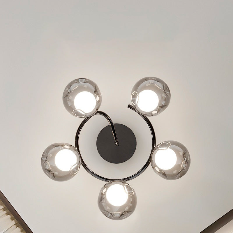 Modern Mid-Century Round Electroplated Glass Stainless Steel Carbon Steel 5-Light Semi-Flush Mount Ceiling Light For Living Room