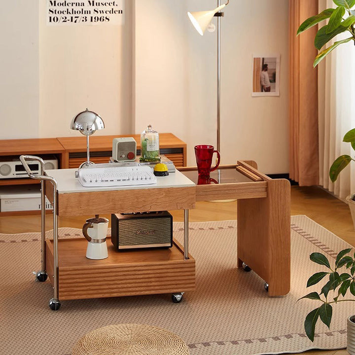 Zeitgenössischer japanischer abnehmbarer rechteckiger Massivholz-Beistelltisch 2-stufig für Wohnzimmer 