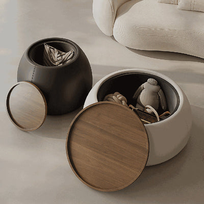 Contemporary Nordic Round Cylinder Walnut Wood Microfiber Leather Coffee Table 1-Storage For Living Room