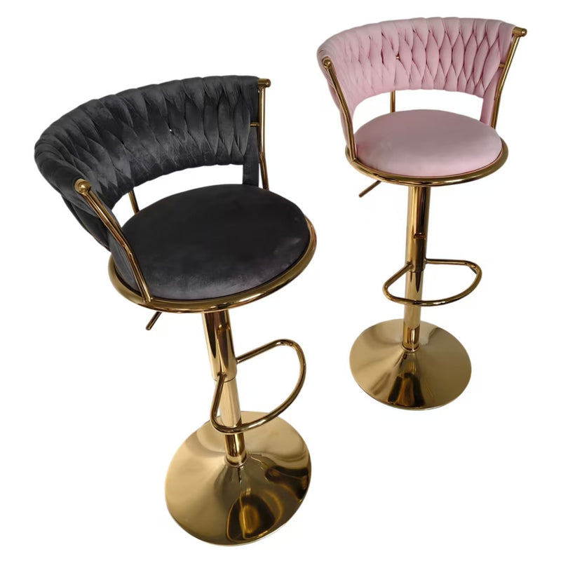 Contemporary Luxury Round Iron Faux Velvet Height Adjustable Bar Stool For Kitchen