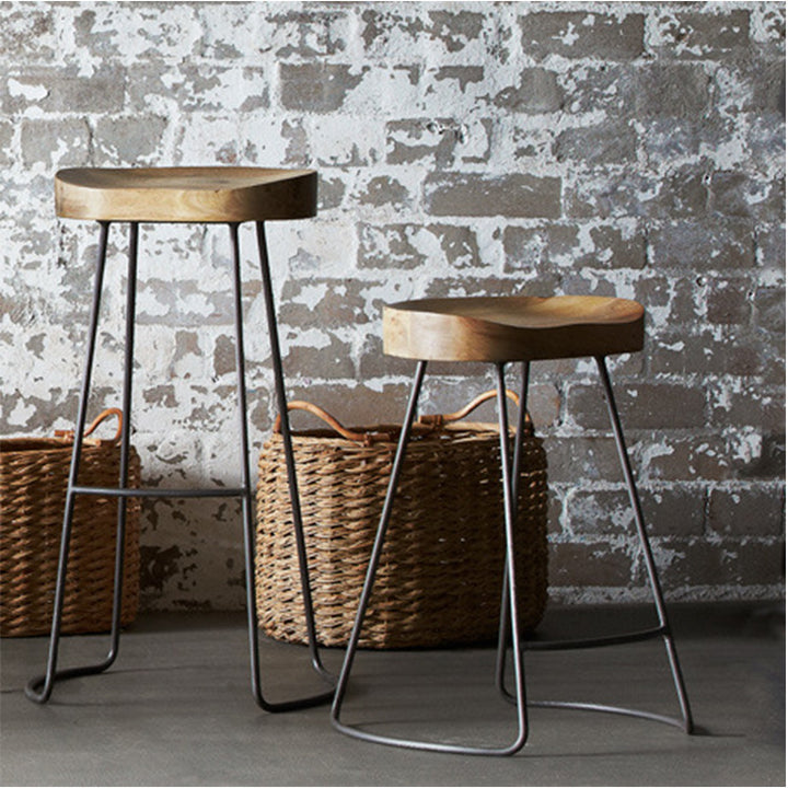 Contemporary Retro Square Solid Wood Iron Bar Stool Backless Footrest For Dining Room