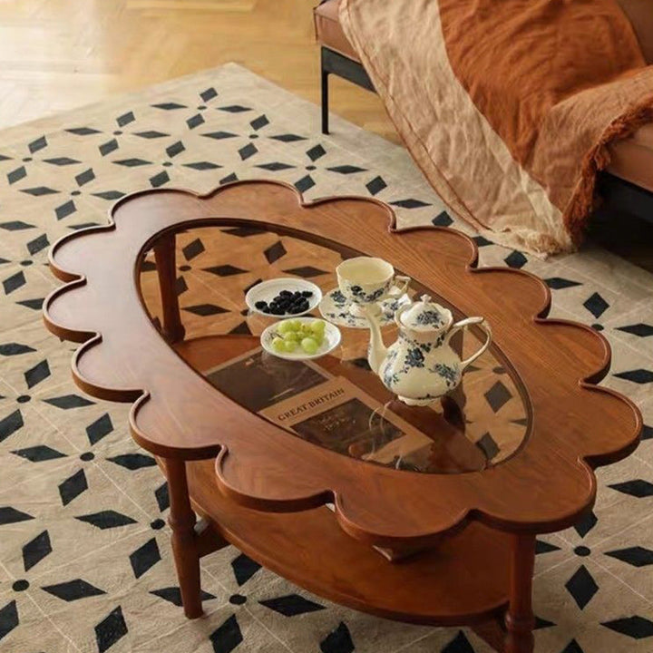 Table basse elliptique vintage traditionnelle en bois et verre à fleurs à 2 niveaux pour salon 
