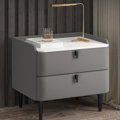 Table de nuit moderne en cuir, bois de pin et acier au carbone avec plateau rectangulaire et 2 tiroirs 
