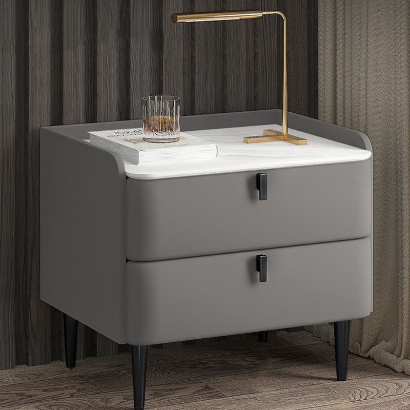 Table de nuit moderne en cuir, bois de pin et acier au carbone avec plateau rectangulaire et 2 tiroirs 