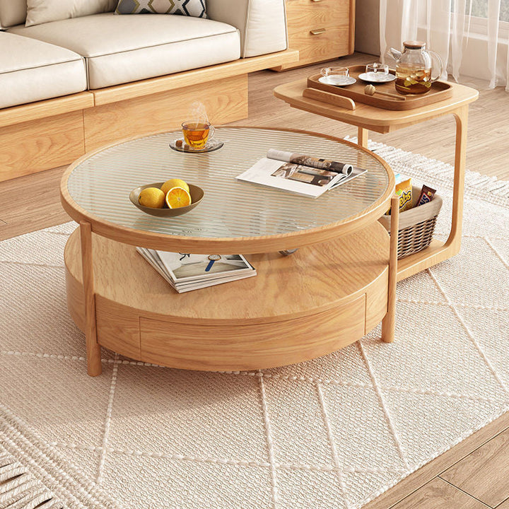 Zeitgenössischer japanischer quadratischer runder Glas-Holz-Beistelltisch 2-stufig für das Wohnzimmer 
