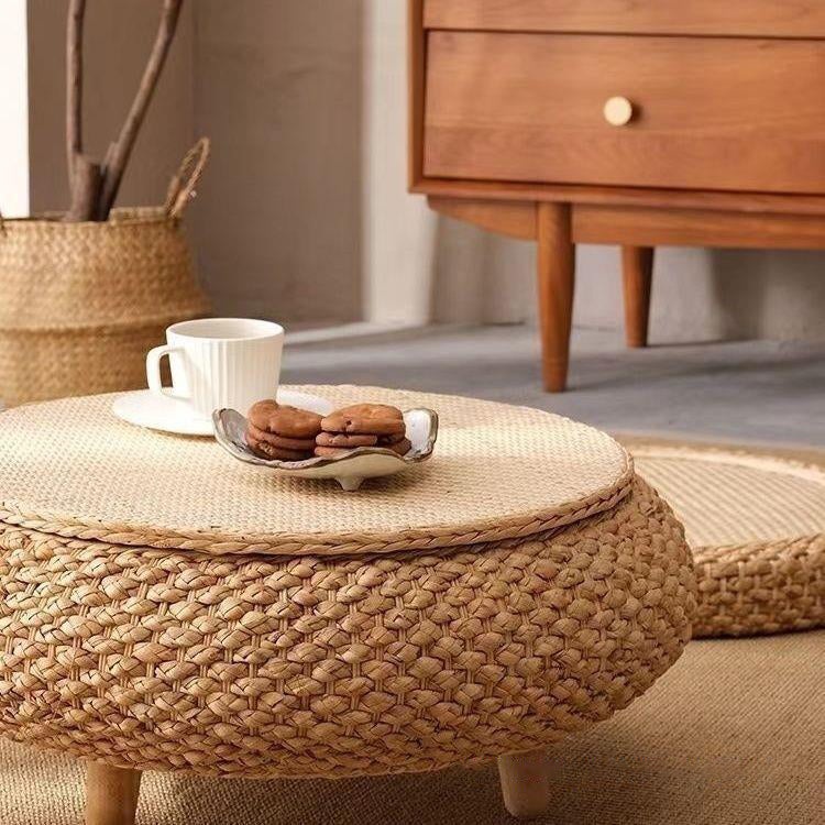 Traditional Japanese Round Rattan Mat Side Table Solid Wood Frame Side Table 1-Storage For Living Room