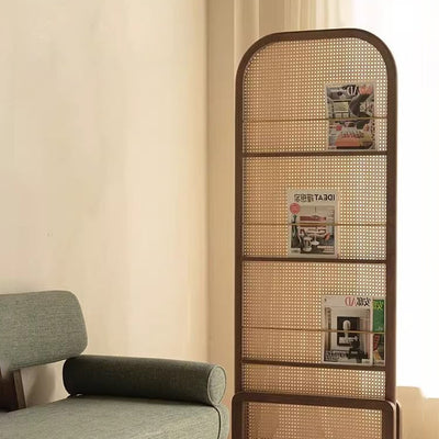 Traditional Chinese Rubberwood Solid Wood PE Rattan Room Divider With 3-Tier Storage Shelf For Living Room