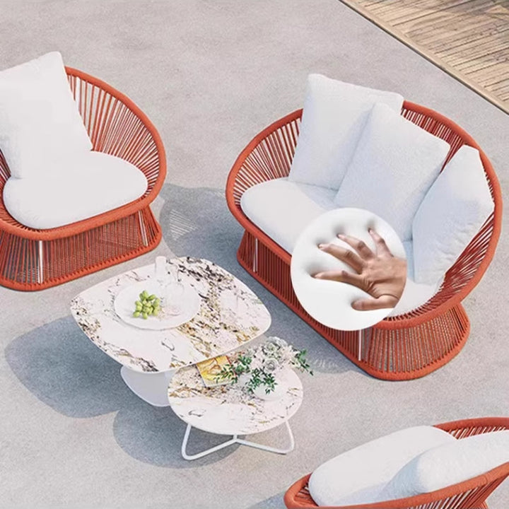 Contemporary Boho Waterproof Weaving Rattan Rope Sponge Aluminum Alloy Slab Round Elliptical Outdoor Coffee Table & Chair Set For Outdoor Patio