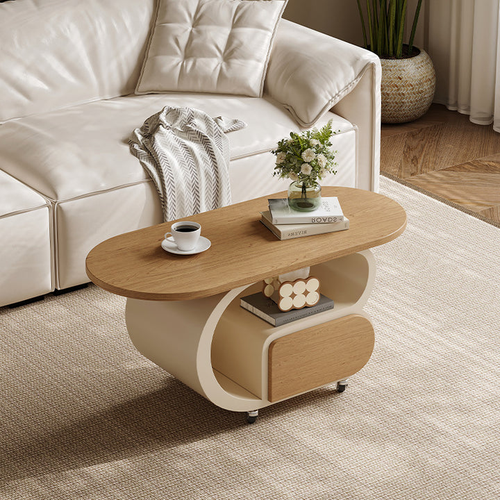Table d'appoint mobile contemporaine scandinave ovale à plusieurs niveaux en bois massif et acier au carbone, 1 tiroir, pour salon 