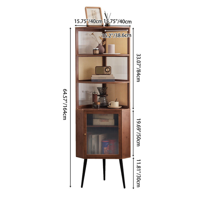 Bibliothèque traditionnelle vintage en bambou, panneau de fibres à densité moyenne, rotin PE, acrylique, quincaillerie, 1 cabinet et 3 niveaux pour salon 