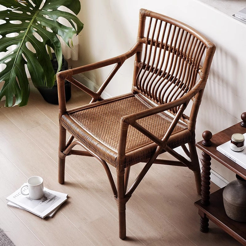Traditional Farmhouse Rectangular Rattan Solid Wood Dining Chair Backrest Armrest For Dining Room