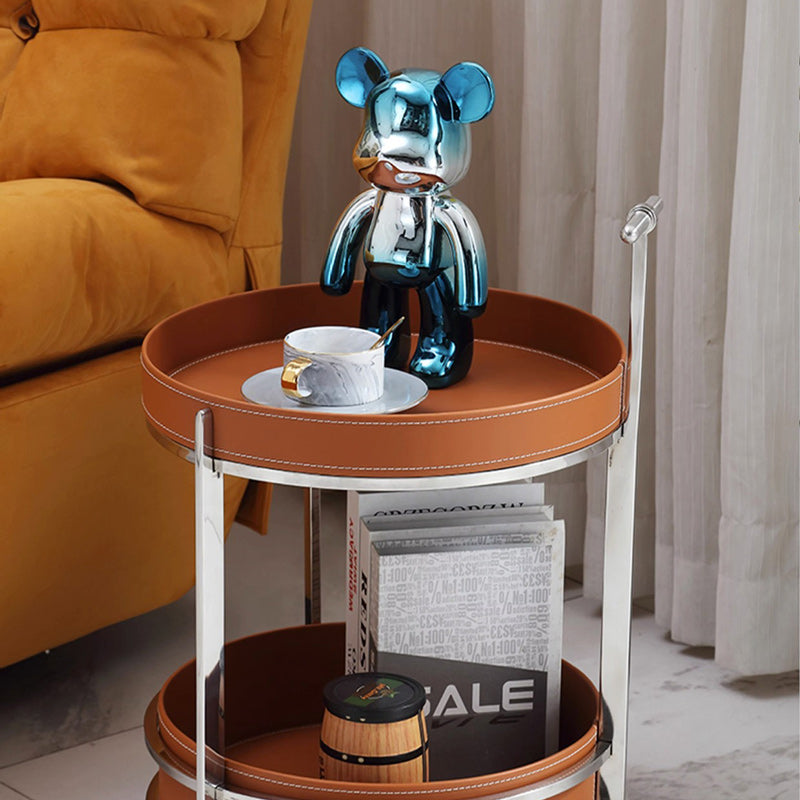 Moderner minimalistischer runder Beistelltisch aus Kunstleder im Sattel-Look mit Edelstahl, 2-stufig, für das Wohnzimmer 