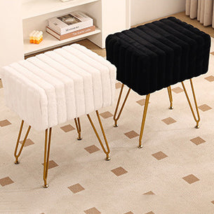 Contemporary Scandinavian Square Faux Rabbit Fur Medium Density Fiberboard Steel Organizer Vanity Stool For Bedroom