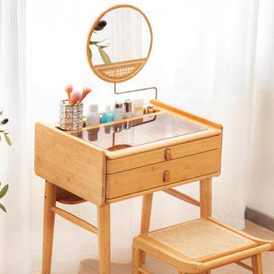 Traditional Rustic Rectangular Bamboo Stainless Steel Glass Makeup Vanity 2-Drawer For Bedroom