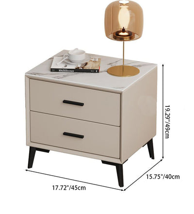 Table de nuit moderne de luxe en cuir microfibre carré avec placage de pierre et panneau en bois massif à 2 tiroirs pour chambre 