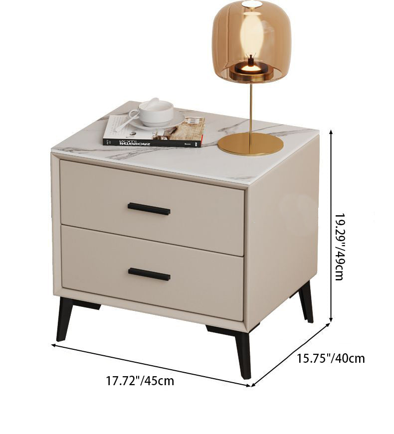 Table de nuit moderne de luxe en cuir microfibre carré avec placage de pierre et panneau en bois massif à 2 tiroirs pour chambre 