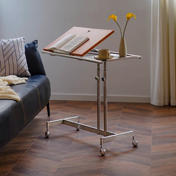 Contemporary Nordic Rectangular Round Pole Solid Wood Stainless Steel Liftable Side Table For Living Room