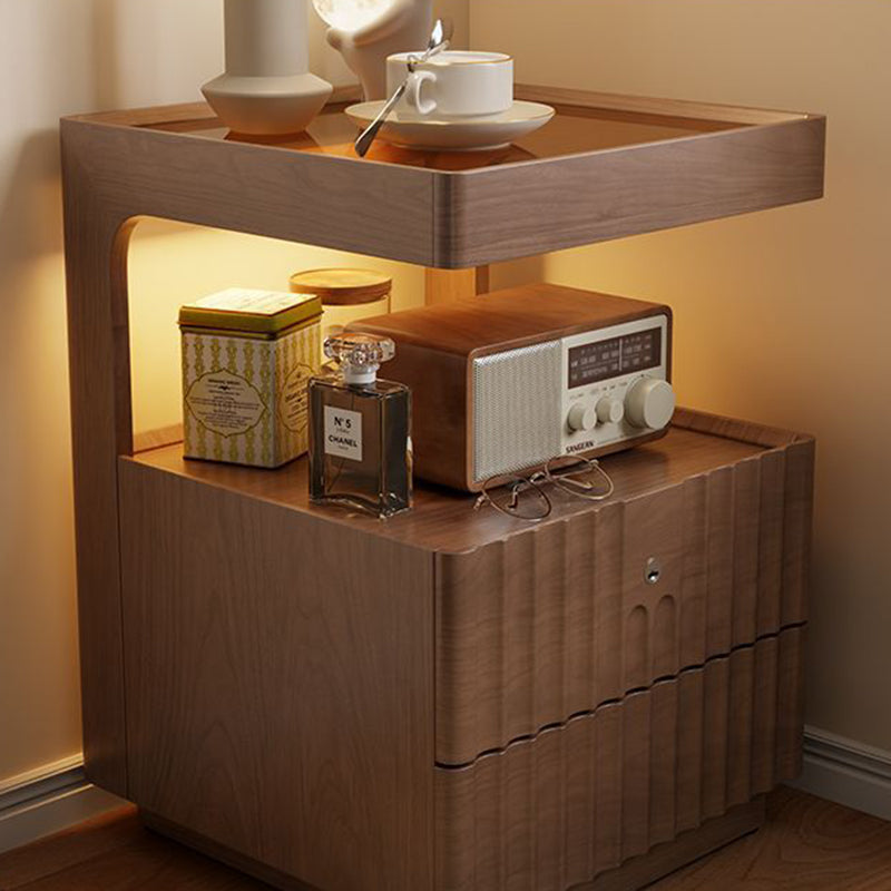 Contemporary Nordic Rectangular Solid Wood Tempered Glass Zinc Alloy Nightstand 2-Drawer For Bedroom