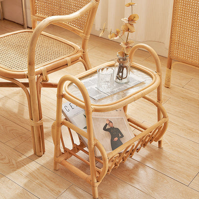 Table d'appoint rectangulaire en rotin tissé japonais traditionnel à 2 niveaux pour salon 