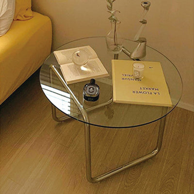 Modern Minimalist Round Glass Stainless Steel Coffee Table 1-Tier For Living Room
