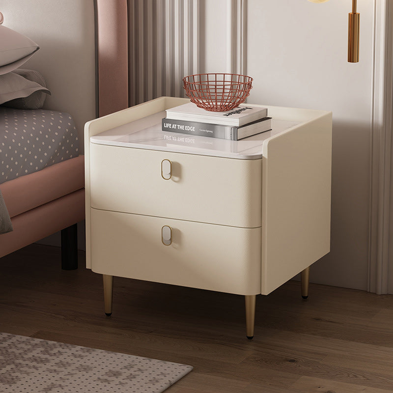 Table de chevet moderne minimaliste en cuir microfibre de pin avec panneau carré en pierre, 2 tiroirs pour chambre à coucher 