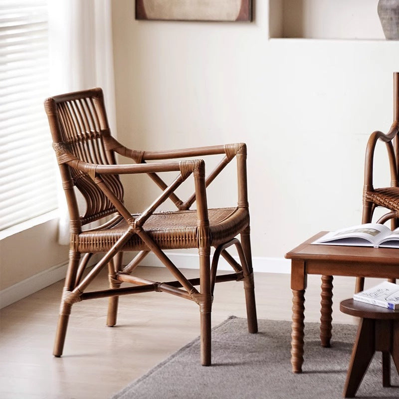 Traditional Farmhouse Rectangular Rattan Solid Wood Dining Chair Backrest Armrest For Dining Room