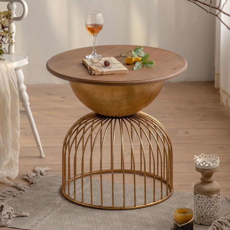 Table basse ronde vintage traditionnelle en bois et métal à demi-colonne 1 niveau pour salon 