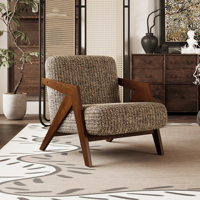Traditional French Rectangular Cotton-Linen Fabric Solid Wood Accent Chair Backrest Armrest For Living Room