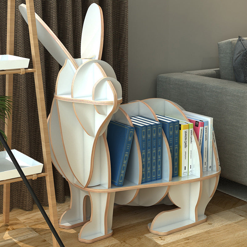 Contemporary Creative Rabbit-Shaped Solid Wood Bookshelf 5-Shelf For Living Room