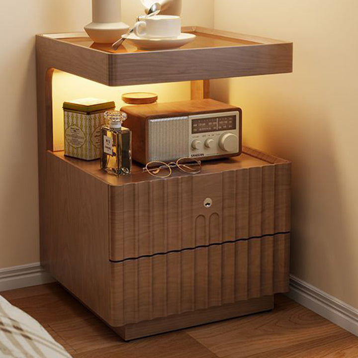 Contemporary Nordic Rectangular Rubberwood Pine Wood Tempered Glass Zinc Alloy Nightstand 2-Drawer For Bedroom