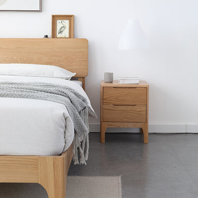 Contemporary Scandinavian Square Solid Oak Wooden Nightstand With 2-Drawer For Bedroom