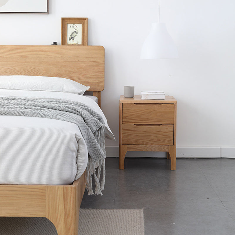 Contemporary Scandinavian Square Solid Oak Wooden Nightstand With 2-Drawer For Bedroom