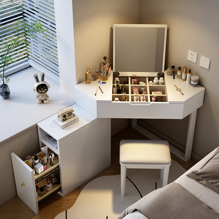 Modern Minimalist Rectangular Hexagonal Rubberwood Plywood Glass Microfiber Leather Makeup Vanity 4-Tier For Bedroom