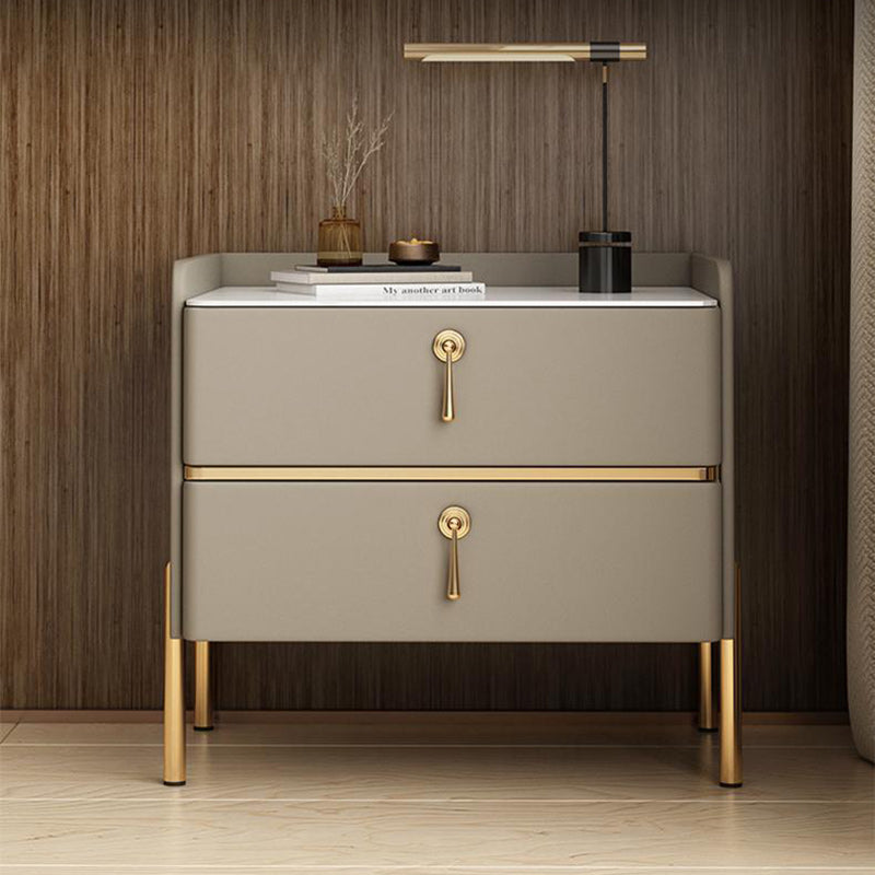 Table de chevet moderne en cuir avec 2 tiroirs rectangulaire en bois massif pour chambre 
