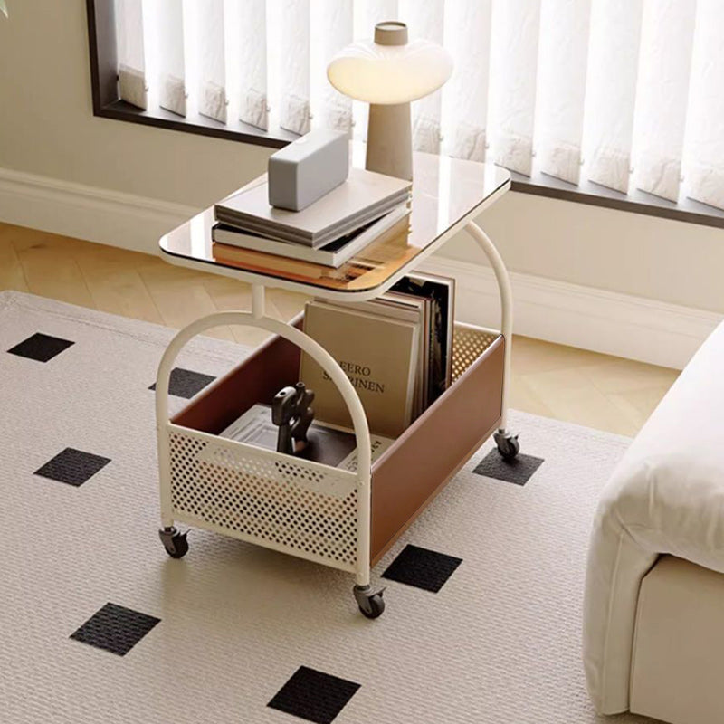 Table basse rectangulaire minimaliste moderne en fer, similicuir, verre amovible avec 1 rangement pour salon 