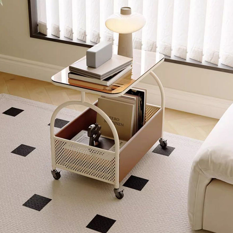 Modern Minimalist Rectangular Iron Faux Leather Glass Removable Coffee Table 1-Storage For Living Room
