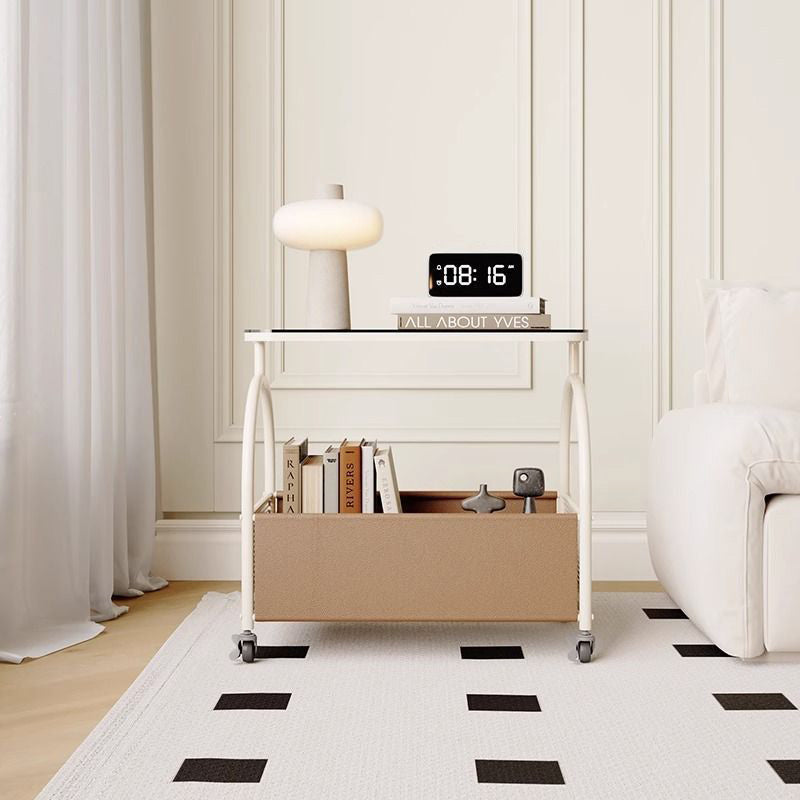 Modern Minimalist Rectangular Iron Faux Leather Glass Removable Coffee Table 1-Storage For Living Room