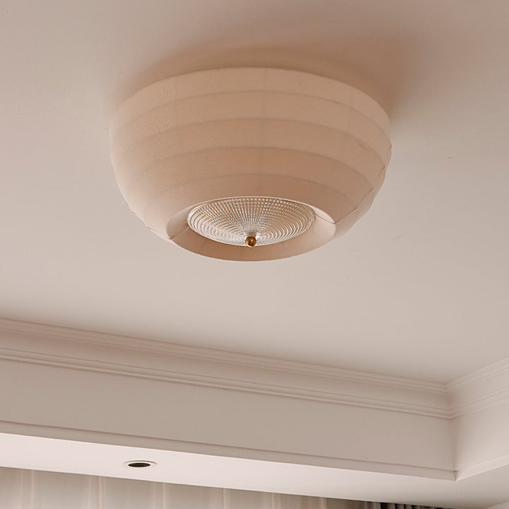 Traditional Japanese Round Hardware Fabric Crystal LED Flush Mount Ceiling Light For Bedroom