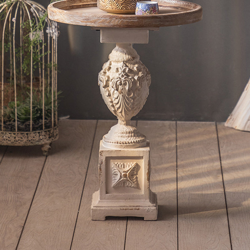 Traditional French Round Square Base Carved Magnesium Oxide Chinese Fir End Table For Living Room