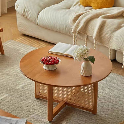 Traditional Japanese Round Rectangular Wicker-Woven Solid Wood Side Table 1-Tier For Living Room