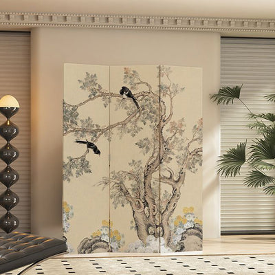 Traditional French Rectangular Fir Wood Solid Wood Plywood Cotton Canvas Floral And Bird Motif Room Divider For Living Room