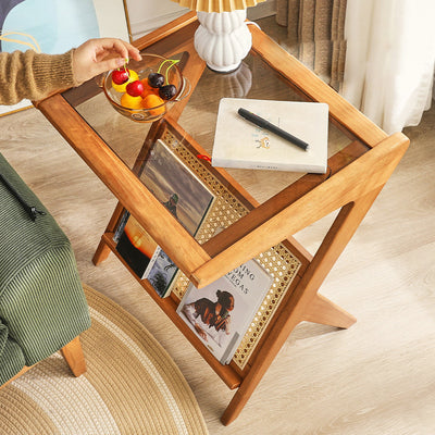 Contemporary Scandinavian Square Rubberwood Solid Wood Glass Side Table For Living Room