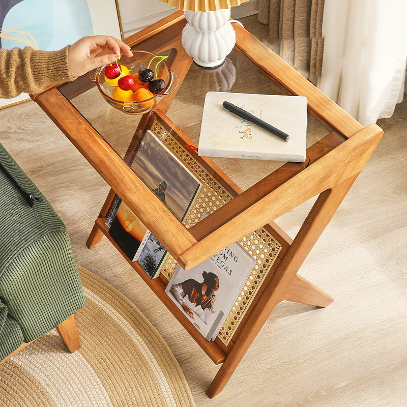 Contemporary Scandinavian Square Rubberwood Solid Wood Glass Side Table For Living Room